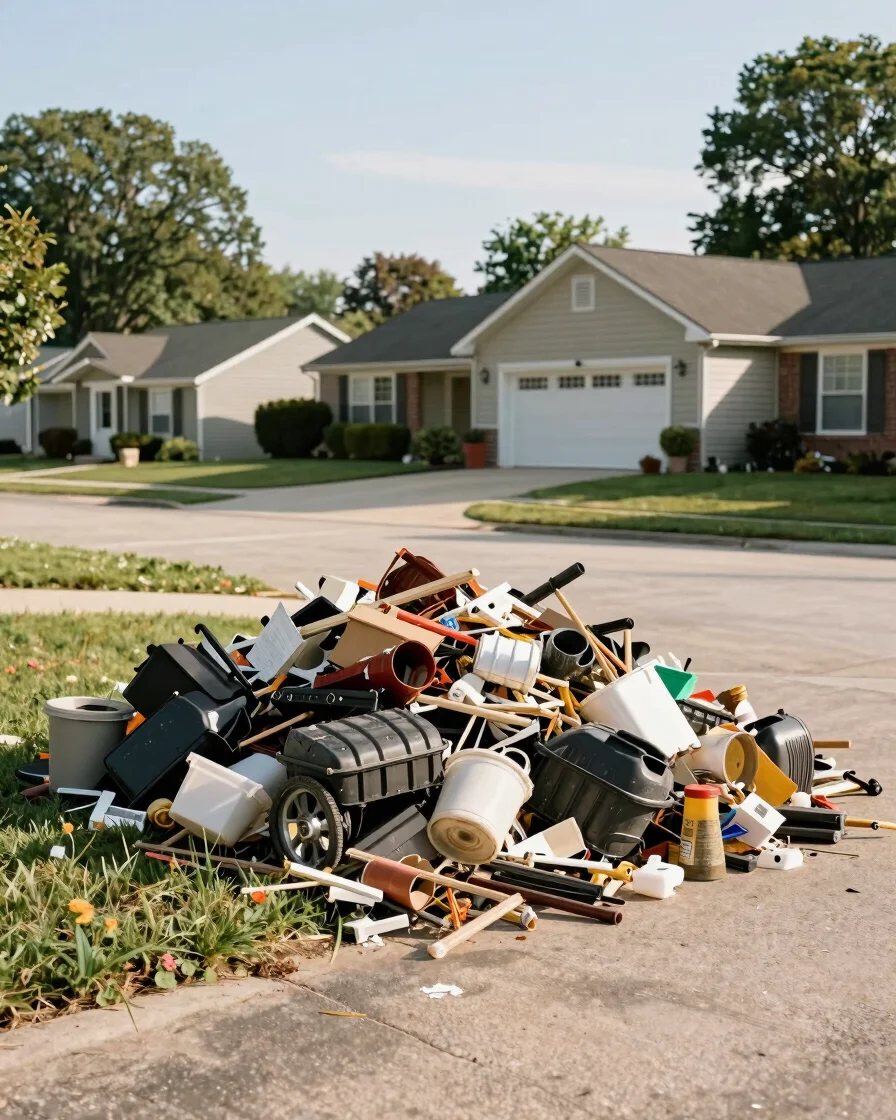 Neatly piled yard debris at the edge of a residential driveway in
